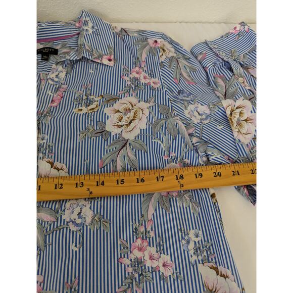 Talbots Womens Blue Spring Floral‎ Stripe Pop Over Blouse Size XLP Long Sleeves - Picture 5 of 6
